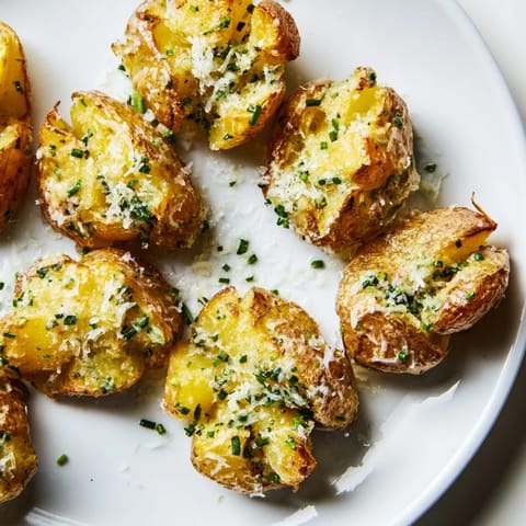Fluffy Parmesan smashed potatoes seasoned with garlic and herbs, a delicious, easy vegetarian recipe.
