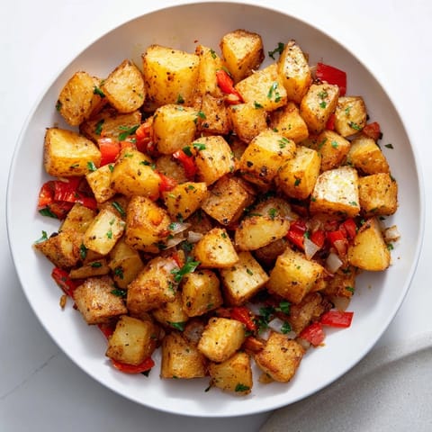 A close-up of air fryer breakfast potatoes, showing the perfectly browned edges and vibrant vegetables throughout.