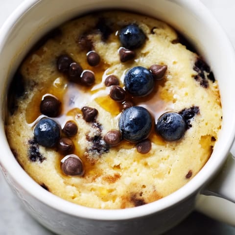 Fluffy microwave mug pancakes, ready in minutes, topped with fresh berries and a syrupy glaze.