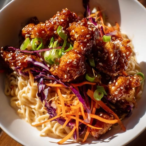 A closeup reveals golden-brown Chaos Cooking Buffalo Cauliflower Ramen, creamy broth and colorful garnishes.