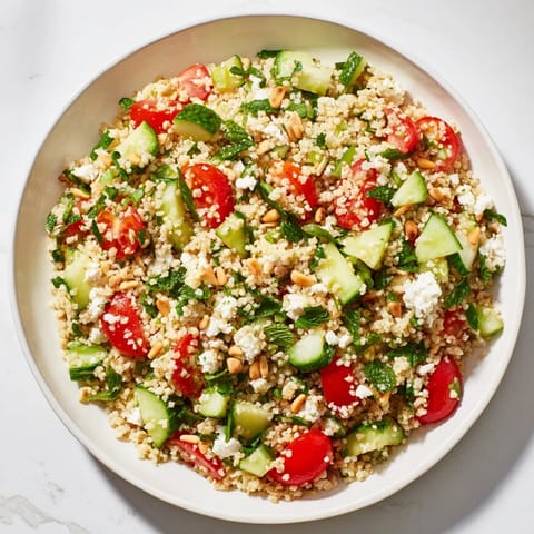 A close-up of a colorful Tabbouleh Grain Bowl brimming with fresh herbs and bright vegetables.