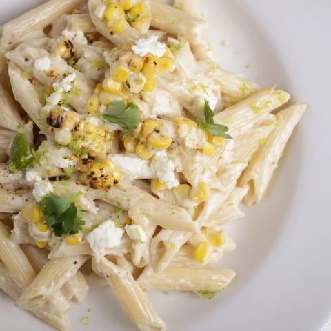 A vibrant bowl of Mexican street corn pasta garnished with cilantro, chili powder, and lime wedges for a zesty kick.  