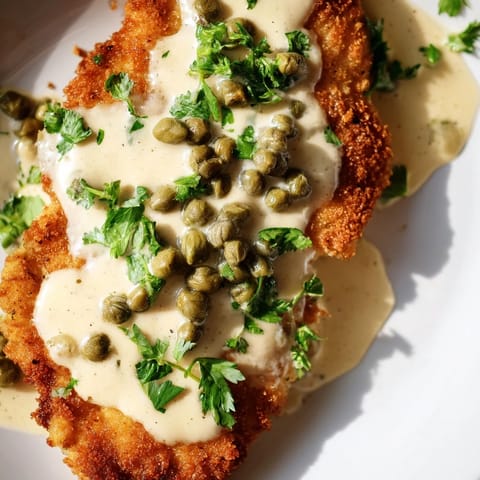 Sizzling skillet of creamy chicken piccata topped with fresh parsley, ready to serve for dinner.