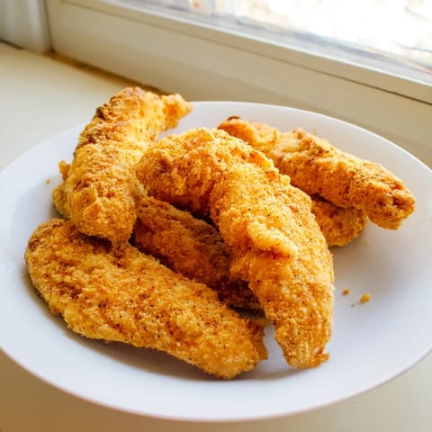 Freshly cooked chicken tenders coated in seasoned flour, ready to be served with sauce.