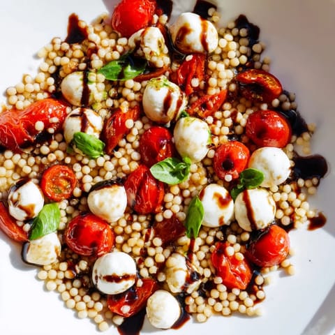 A vibrant bowl of Caprese Couscous Salad with glossy balsamic glaze drizzled over tender Israeli couscous, mozzarella balls, and halved cherry tomatoes.
