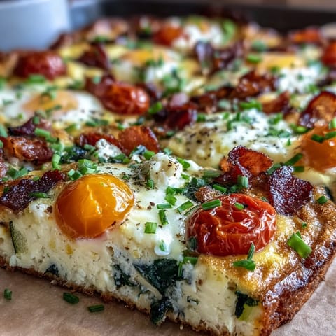 Freshly baked High-Protein Sheet Pan Eggs With Cottage Cheese and Veggies garnished with herbs on a sheet pan.  