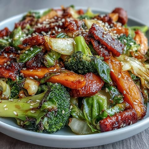Comforting Fermented Veggie Winter Stir-Fry served over fluffy rice, garnished with green onions and sesame seeds.