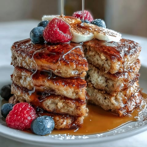 Three golden-brown Banana Oat Pancakes topped with sliced bananas and a drizzle of maple syrup, stacked on a white plate for a wholesome breakfast.