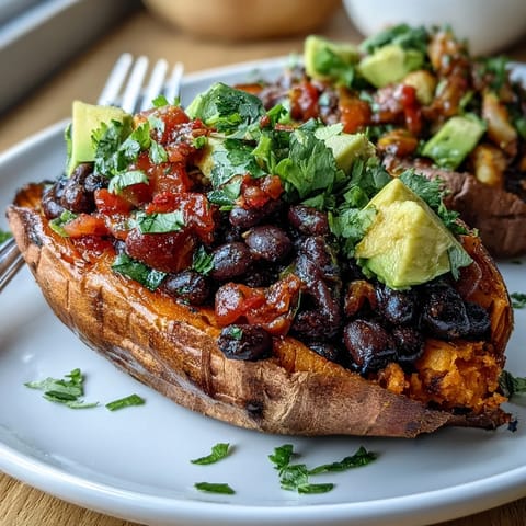 Colorful bowl of roasted sweet potatoes, spicy black beans, and homemade zesty tomato salsa garnished with avocado.  