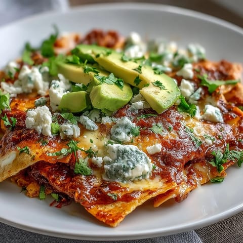 A close-up of chilaquiles, with crispy tortilla chips coated in vibrant green salsa and topped with a perfectly runny egg.