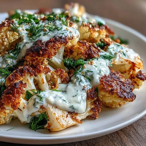 Vibrant platter of Roasted Cauliflower With Lemon Lentil Cumin Tahini Yogurt, hearty and delicious.