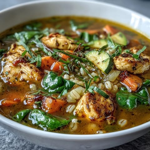 Savor this soothing turmeric chicken with pearl barley, perfect for a cozy meal.