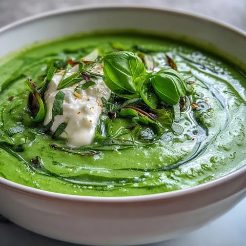 Serving a comforting bowl of Courgette, Pea and Pesto Soup garnished with a dollop of crème fraîche and fresh basil leaves.