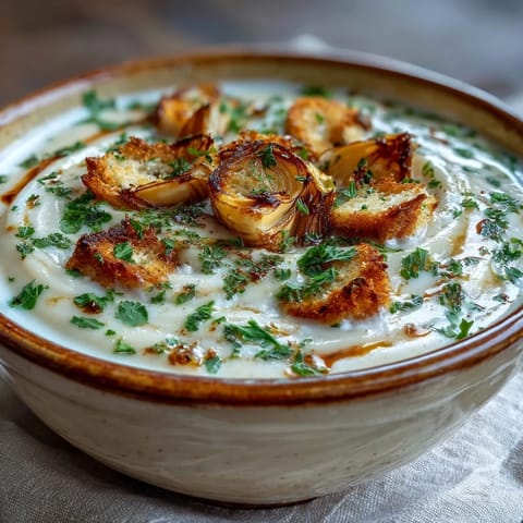 Close-up of Roasted Garlic Soup showcasing its velvety, creamy texture and slow-roasted garlic cloves ready for a comforting dinner.