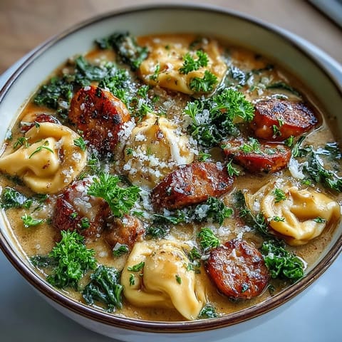 A hearty bowl of pumpkin tortellini soup featuring chicken sausage and kale, garnished with parmesan and parsley on a wooden table.