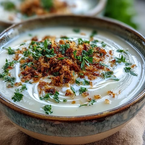 Creamy white Celeriac Soup With Hazelnut Crumble served in a rustic ceramic bowl.