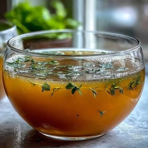 Golden strained Vegetable Broth From Scraps cooling in glass mason jars, ready for use in hearty vegan stews or sipping. 