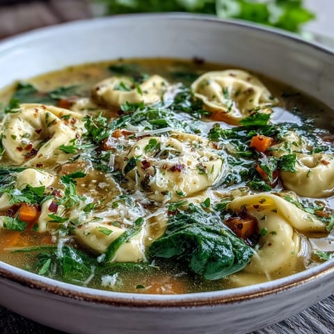 Creamy Easy Tortellini Soup With Chicken Broth in a rustic bowl, garnished with fresh parsley and Parmesan. Steam rises from the rich, cheesy broth.