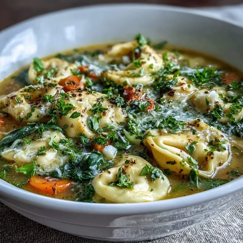 A pot of Easy Tortellini Soup With Chicken Broth simmers on the stove, filled with tender pasta, carrots, and wilted spinach.