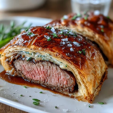 Perfectly baked Beef Wellington reveals golden, flaky puff pastry, revealing tender beef fillet wrapped in savory mushroom duxelles.  