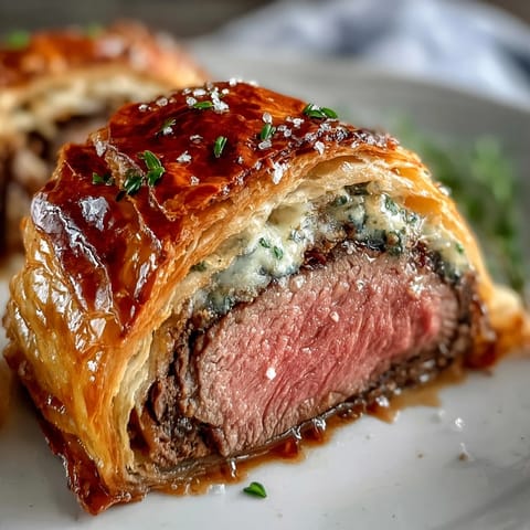 Sliced Beef Wellington showcases juicy, medium-rare tenderloin, aromatic thyme mushrooms, and crisp pastry on a rustic wooden board.  
