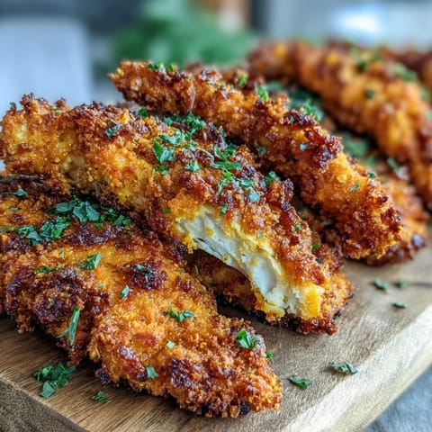 Crispy Turmeric Chicken Tenders piled high on a plate with a golden, crunchy coating and fresh herbs for garnish.  
