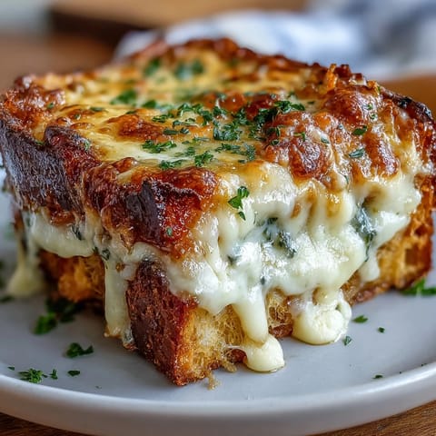 Slices of savory ham and buttery bread in a comforting Croque Monsieur Casserole, perfect for an easy French-inspired brunch or dinner.