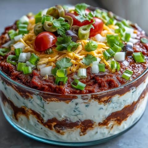 Colorful 4-Way Layered Dip in a glass dish, featuring beans, cheese, olives, and bell peppers, ready for tortilla chips.