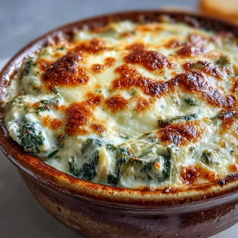 Creamy spinach artichoke dip garnished with chopped spinach and artichokes, alongside sliced baguette for dipping.