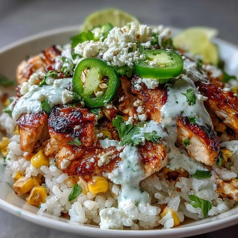 Grilled Street Corn Chicken and Rice Bowls garnished with fresh cilantro and lime wedges, served in white bowls for a vibrant Mexican-inspired dinner.