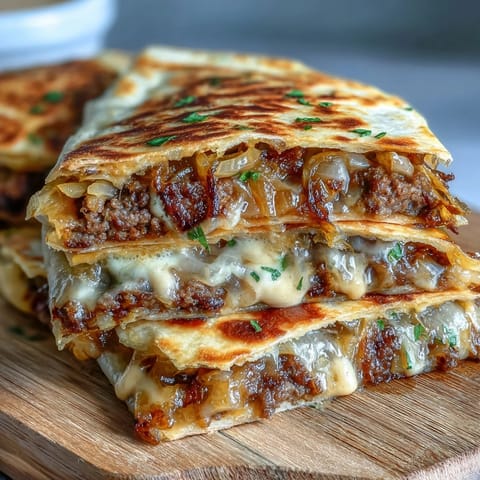 A close-up view reveals a grilled flour tortilla stuffed with thin smashburger patties and sweet onions, drizzled with a creamy white sauce. 