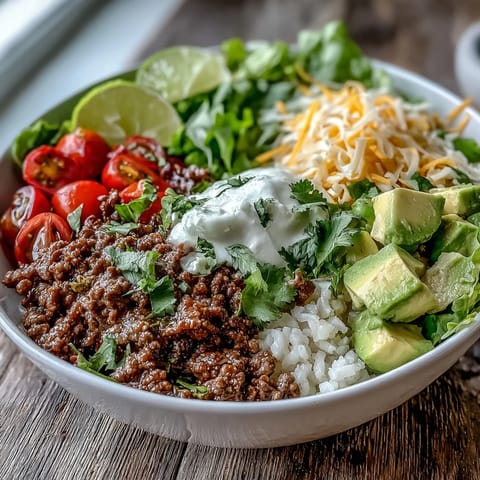 Freshly sautéed seasoned ground beef layered over cauliflower rice in a vibrant Low Carb Burrito Bowl with avocado and lime.