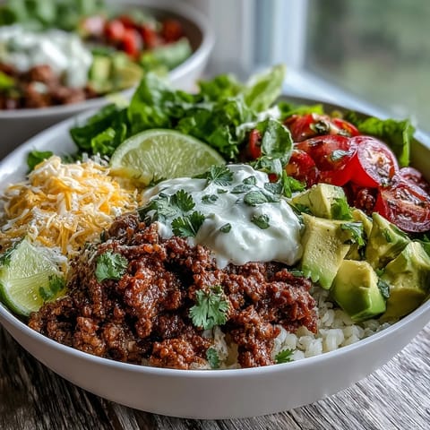 A hearty Low Carb Burrito Bowl featuring warm taco beef, crisp romaine lettuce, and a dollop of sour cream garnish.