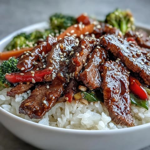 Sizzling teriyaki beef slices glaze over fluffy steamed rice with sautéed carrots and peppers in a white bowl.  