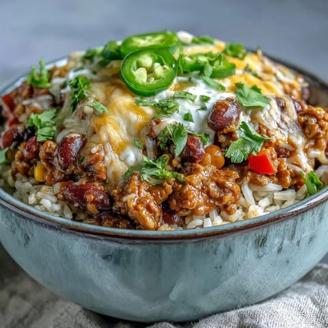 Hearty Chili Bowl Base simmering in a pot, topped with shredded cheddar, sour cream, and fresh cilantro.