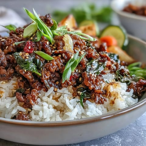 Seasoned ground beef and quick-pickled vegetables over rice in a vibrant Korean Ground Beef Bowl, garnished with sesame seeds.  
