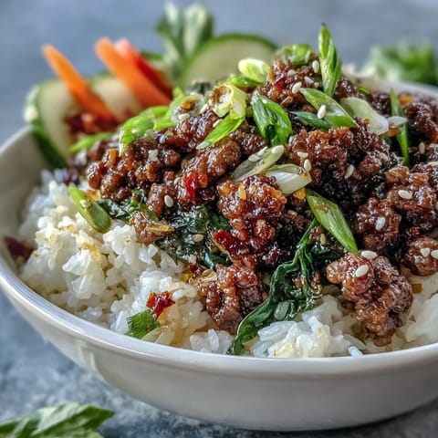 This Korean Ground Beef Bowl features saucy beef with ginger and garlic, served over fluffy rice and crunchy pickled veggies.  