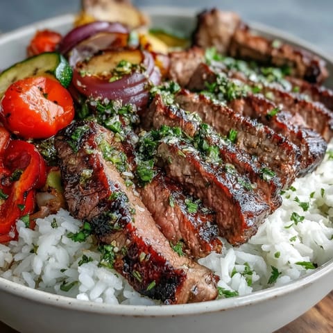 Tender sirloin and colorful roasted vegetables, including zucchini and cherry tomatoes, are arranged over steamed rice in a convenient Sheet Pan Steak and Veggie Bowl.