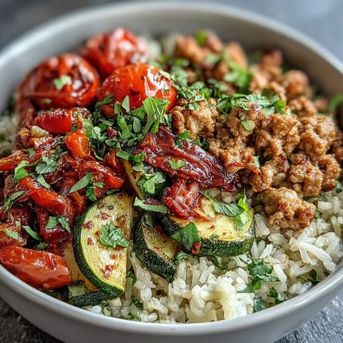 Roasted vegetables and seasoned ground turkey mound over fluffy brown rice in a rustic ceramic bowl.