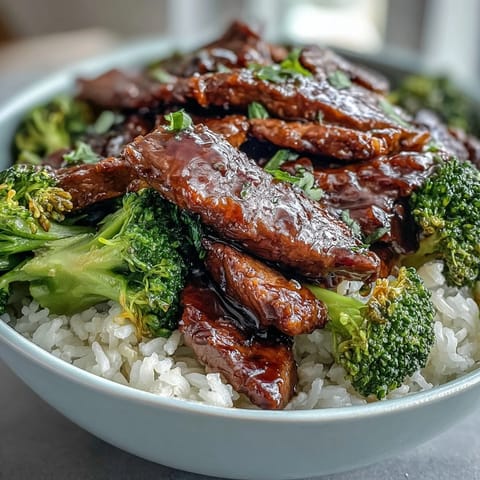 Fluffy rice topped with tender beef strips and crisp green broccoli, all coated in a glossy ginger-soy sauce.