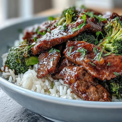 Steamed broccoli florets and savory beef rest on white rice, garnished with scallions and sesame seeds for a vibrant bowl.