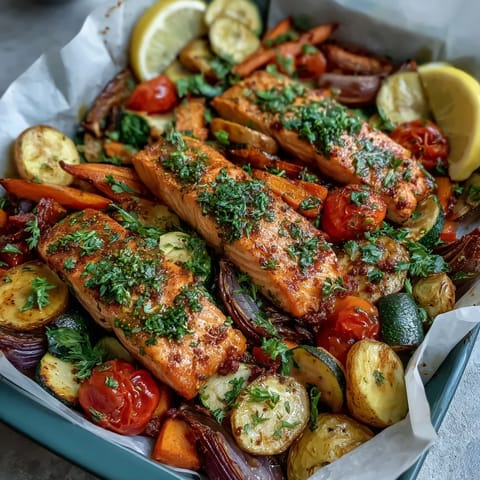 A close-up of the Sheet Pan Salmon and Veggies Bowl with caramelized carrots and peppers.