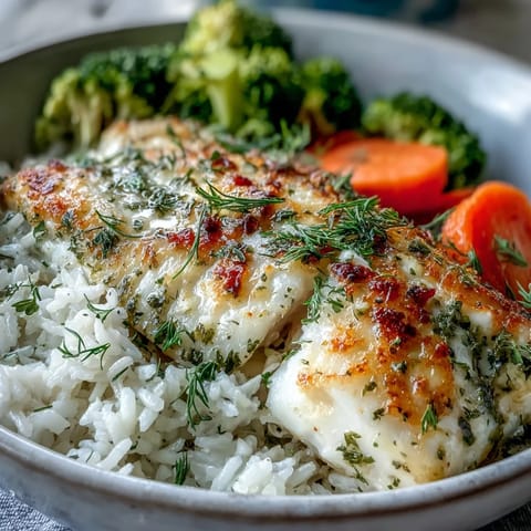 Golden-brown herb-baked tilapia fillets rest atop fluffy white rice, alongside vibrant steamed broccoli and carrot slices in a wholesome Baked Tilapia Bowl.