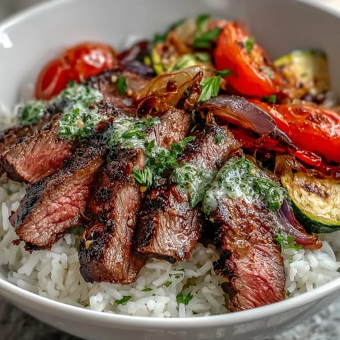 Sliced grilled steak rests atop fluffy rice and roasted veggies in this vibrant Grilled Steak Bowl, drizzled with bright green chimichurri sauce for a hearty meal.