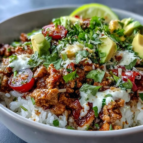 Colorful Turkey Taco Bowl with vibrant toppings, ready for dinner.
