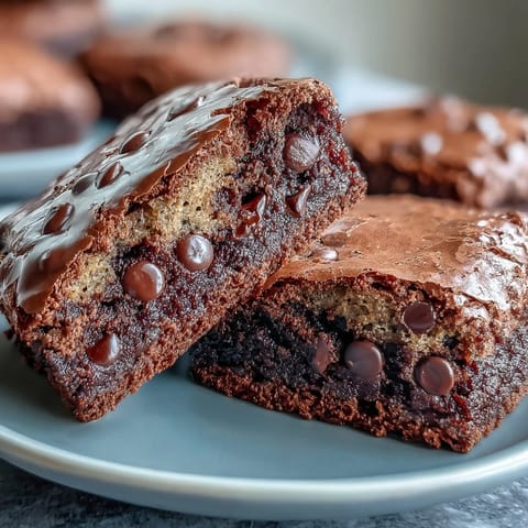 Freshly baked Hojicha Brookies stacked on a cooling rack with melty chocolate chips and warm, nutty aroma.