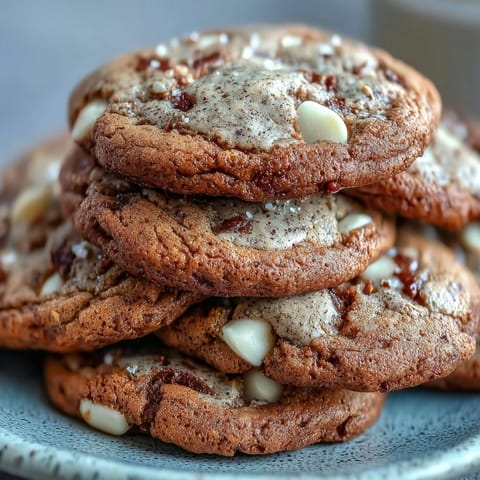Freshly baked Brown Butter Hojicha & Earl Grey Cookies are stacked beside a cup of steaming Earl Grey tea.