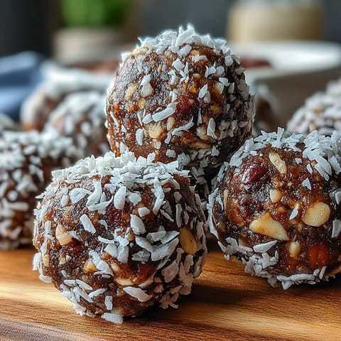 Homemade Hojicha Energy Balls arranged on a wooden serving platter, showing their deep roasted brown color and chewy texture. 