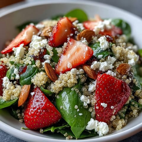 Strawberry feta quinoa salad with balsamic dressing in a white bowl, fresh strawberries and creamy feta on a bed of spinach and quinoa, garnished with toasted almonds.
