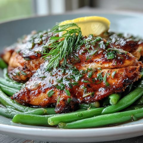 A golden honey mustard chicken with vibrant green beans, perfect for a quick and healthy dinner.